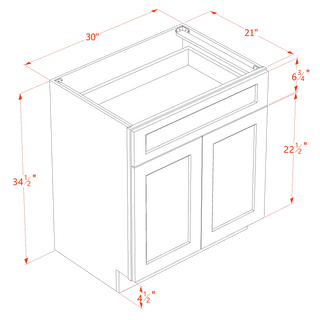 HF - VB3021: Frost White Shaker 30"W x 34 - 1/2"H x 21"D 2 Doors & 1 Drawer Double Door Vanity Base Cabinets - homecabinets