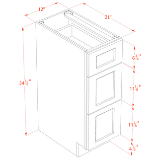 HF - VDB1221: Frost White Shaker 12"W x 34 - 1/2"H x 21"D 3 Drawers Vanity Base Cabinets - homecabinets