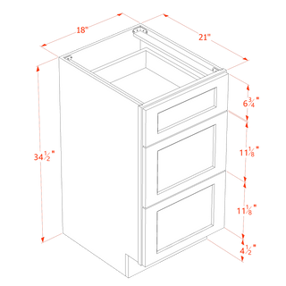 HF - VDB1821: Frost White Shaker 18"W x 34 - 1/2"H x 21"D 3 Drawers Vanity Base Cabinets - homecabinets