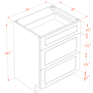 HF - VDB2721: Frost White Shaker 27"W x 34 - 1/2"H x 21"D 3 Drawers Vanity Base Cabinets - homecabinets