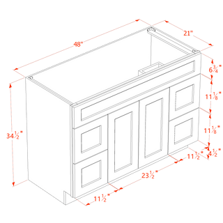 HF - VSD4821: Frost White Shaker 48"W x 34 - 1/2"H x 21"D 2 Doors, 4 Drawers & 1 False Drawer Centered Vanity Sink Base Cabinets - homecabinets