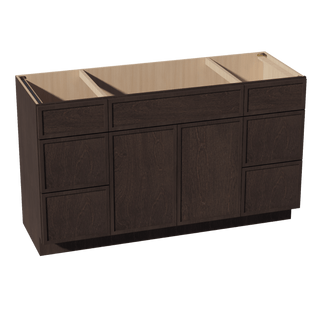 SM - VSD60SINGLE: Mocha Brown Slim Shaker 60"W x 34 - 1/2"H x 21"D 2 Doors, 6 Drawers & 1 False Drawer Single Sink Vanity Base Combo Cabinets - homecabinets