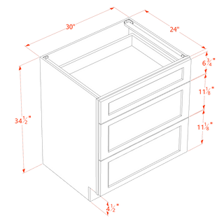 TW - DB30: Creamy White Shaker 30" 3 Drawers Base Cabinet - homecabinets