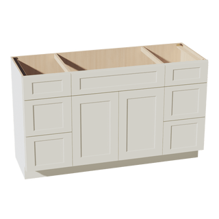 TW - VSD60SINGLE: Creamy White Shaker 60"W x 34 - 1/2"H x 21"D 2 Doors, 6 Drawers & 1 False Drawer Single Sink Vanity Base Combo Cabinets - homecabinets
