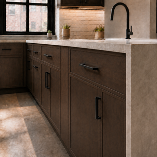 Muestra de puerta Shaker marrón moka delgada