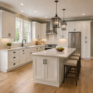 Double Dove White Kitchen Cabinets - Full Kitchen View