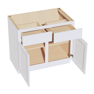 HF-B39: Gabinete base estándar de 39" con 2 cajones y 2 puertas, color blanco escarchado, estilo Shaker 
