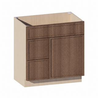 Nogal Ambar Delgado - Mueble combinado de tocador con lavabo desplazado de 84 cm de ancho (cajón a la izquierda)