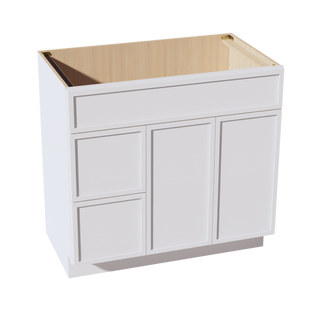 SF-VSD3621L: Frost White Slim Shaker 36"W x 34-1/2"H x 21"D 2 Doors & 2 Left Drawers Offset Vanity Sink Base Cabinets