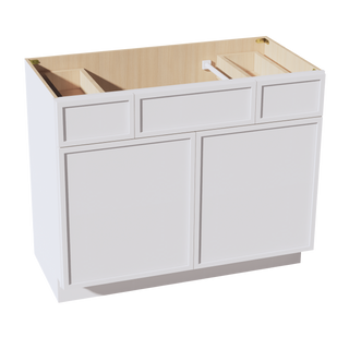 SF-VSD4221: Frost White Slim Shaker  42"W x 34-1/2"H x 21"D 2 Doors, 2 Drawers & 1 False Drawer Centered Vanity Sink Base Cabinets