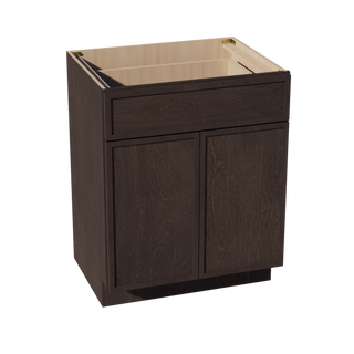 SM-VB2721: Mocha Brown Slim Shaker 27"W x 34-1/2"H x 21"D 2 Doors & 1 Drawer Double Door Vanity Base Cabinets