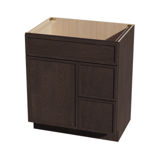 SM-VSD3021R: Mocha Brown Slim Shaker 30"W x 34-1/2"H x 21"D 1 Door & 2 Right Drawers Offset Vanity Sink Base Cabinets