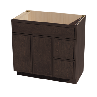 SM-VSD3621R: Mocha Brown Slim Shaker 36"W x 34-1/2"H x 21"D 2 Doors & 2 Right Drawers Offset Vanity Sink Base Cabinets