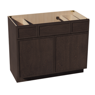 SM-VSD4221: Mocha Brown Slim Shaker  42"W x 34-1/2"H x 21"D 2 Doors, 2 Drawers & 1 False Drawer Centered Vanity Sink Base Cabinets