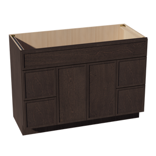 SM-VSD4821: Mocha Brown Slim Shaker 48"W x 34-1/2"H x 21"D 2 Doors, 4 Drawers & 1 False Drawer Centered Vanity Sink Base Cabinets