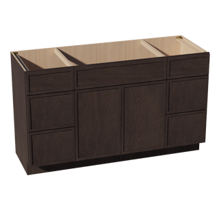 SM-VSD60SINGLE: Mocha Brown Slim Shaker 60"W x 34-1/2"H x 21"D 2 Doors, 6 Drawers & 1 False Drawer Single Sink Vanity Base Combo Cabinets