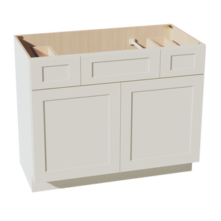 TW-VSD4221: Creamy White Shaker  42"W x 34-1/2"H x 21"D 2 Doors, 2 Drawers & 1 False Drawer Centered Vanity Sink Base Cabinets