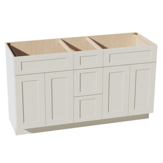 TW-VSD60DOUBLEE: Creamy White Shaker 60"W x 34-1/2"H x 21"D 4 Doors, 3 Drawers & 2 False Drawers Double Sink Vanity Base Combo Cabinets