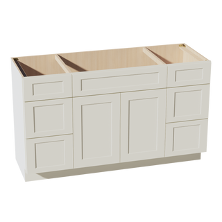 TW-VSD60SINGLE: Creamy White Shaker 60"W x 34-1/2"H x 21"D 2 Doors, 6 Drawers & 1 False Drawer Single Sink Vanity Base Combo Cabinets