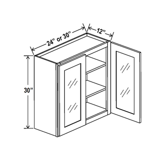 SW-W2430(GD): Classic White Shaker 24"W x 30"H 2 Doors & 2 Shelves Standard (Glass Door) Wall Cabinet