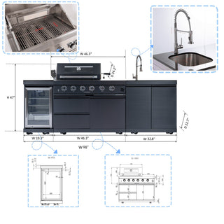 Black - 3PC 304 Stainless Steel Modular Outdoor Kitchen with 4 - Burner Grill - homecabinets