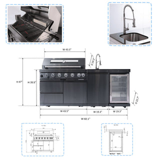 Black - 3PC 304 Stainless Steel Modular Outdoor Kitchen with 6 - Burner Grill - homecabinets