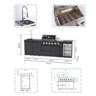 Black - 4PC 304 Stainless Steel Modular Outdoor Kitchen with 4 - Burner Grill - homecabinets