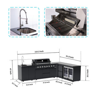 Black - 5PC L - Shaped 304 Stainless Steel Modular Outdoor Kitchen with 6 - Burner Grill - homecabinets
