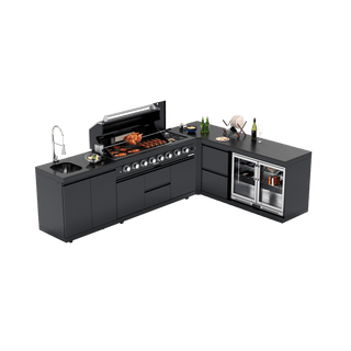 Black - 5PC L - Shaped 304 Stainless Steel Modular Outdoor Kitchen with 6 - Burner Grill - homecabinets