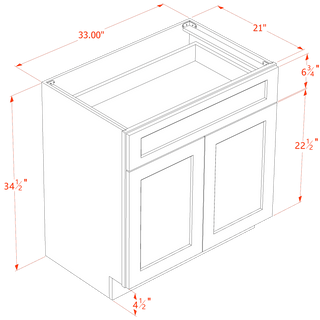 HA - VB3321: Ash Gray Shaker 33"W x 34 - 1/2"H x 21"D 2 Doors & 1 Drawer Double Door Vanity Base Cabinets - homecabinets