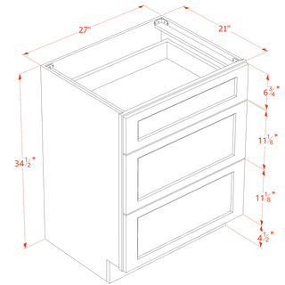 HA - VDB2721: Ash Gray Shaker 27"W x 34 - 1/2"H x 21"D 3 Drawers Vanity Base Cabinets - homecabinets