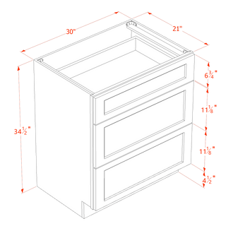 HA - VDB3021: Ash Gray Shaker 30"W x 34 - 1/2"H x 21"D 3 Drawers Vanity Base Cabinets - homecabinets