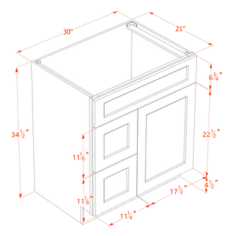 HA - VSD3021L: Ash Gray Shaker 30"W x 34 - 1/2"H x 21"D 1 Door & 2 Left Drawers Offset Vanity Sink Base Cabinets - homecabinets