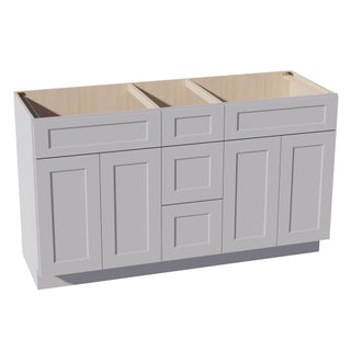 HA - VSD60DOUBLEE: Ash Gray Shaker 60"W x 34 - 1/2"H x 21"D 4 Doors, 3 Drawers & 2 False Drawers Double Sink Vanity Base Combo Cabinets - homecabinets