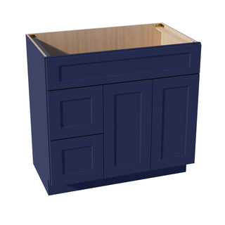 HB - VSD3621L: Indigo Blue Shaker 36"W x 34 - 1/2"H x 21"D 2 Doors & 2 Left Drawers Offset Vanity Sink Base Cabinets - homecabinets