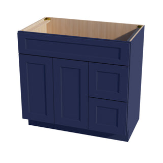 HB - VSD3621R: Indigo Blue Shaker 36"W x 34 - 1/2"H x 21"D 2 Doors & 2 Right Drawers Offset Vanity Sink Base Cabinets - homecabinets