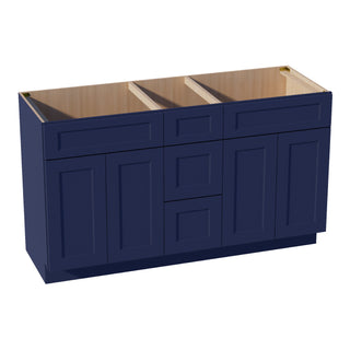 HB - VSD60DOUBLEE: Indigo Blue Shaker 60"W x 34 - 1/2"H x 21"D 4 Doors, 3 Drawers & 2 False Drawers Double Sink Vanity Base Combo Cabinets - homecabinets