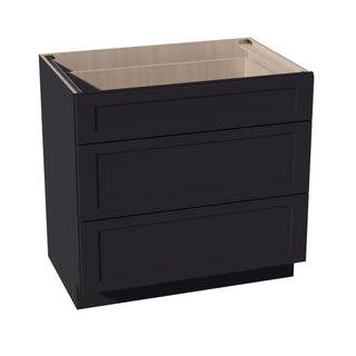 HE - DB36: Ebony Black Shaker 36" 3 Drawers Base Cabinet - homecabinets