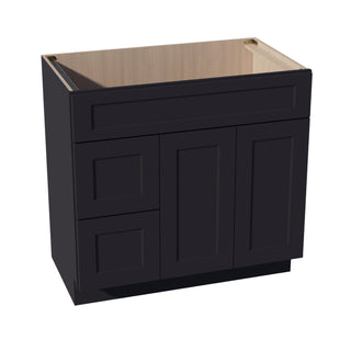 HE - VSD3621L: Ebony Black Shaker 36"W x 34 - 1/2"H x 21"D 2 Doors & 2 Left Drawers Offset Vanity Sink Base Cabinets - homecabinets