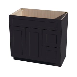 HE - VSD3621R: Ebony Black Shaker 36"W x 34 - 1/2"H x 21"D 2 Doors & 2 Right Drawers Offset Vanity Sink Base Cabinets - homecabinets