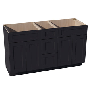 HE - VSD60DOUBLEE: Ebony Black Shaker 60"W x 34 - 1/2"H x 21"D 4 Doors, 3 Drawers & 2 False Drawers Double Sink Vanity Base Combo Cabinets - homecabinets