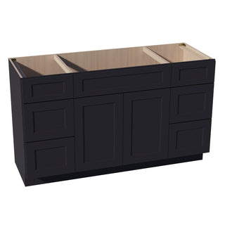 HE - VSD60SINGLE: Ebony Black Shaker 60"W x 34 - 1/2"H x 21"D 2 Doors, 6 Drawers & 1 False Drawer Single Sink Vanity Base Combo Cabinets - homecabinets