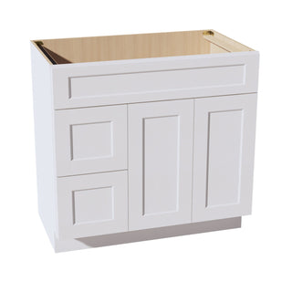 HF - VSD3621L: Frost White Shaker 36"W x 34 - 1/2"H x 21"D 2 Doors & 2 Left Drawers Offset Vanity Sink Base Cabinets - homecabinets