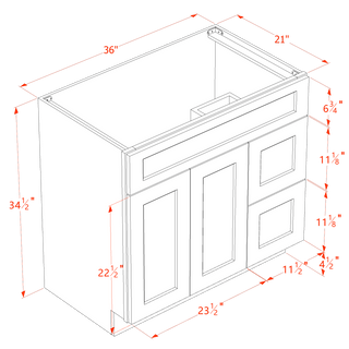 HF - VSD3621R: Frost White Shaker 36"W x 34 - 1/2"H x 21"D 2 Doors & 2 Right Drawers Offset Vanity Sink Base Cabinets - homecabinets