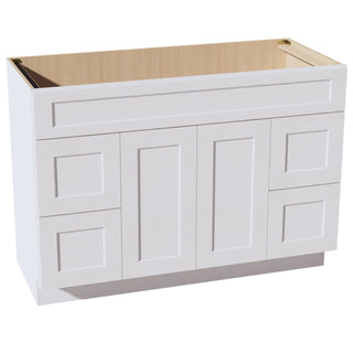 HF - VSD4821: Frost White Shaker 48"W x 34 - 1/2"H x 21"D 2 Doors, 4 Drawers & 1 False Drawer Centered Vanity Sink Base Cabinets - homecabinets