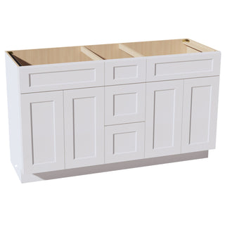 HF - VSD60DOUBLEE: Frost White Shaker 60"W x 34 - 1/2"H x 21"D 4 Doors, 3 Drawers & 2 False Drawers Double Sink Vanity Base Combo Cabinets - homecabinets