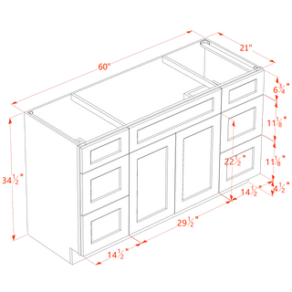 HF - VSD60SINGLE: Frost White Shaker 60"W x 34 - 1/2"H x 21"D 2 Doors, 6 Drawers & 1 False Drawer Single Sink Vanity Base Combo Cabinets - homecabinets