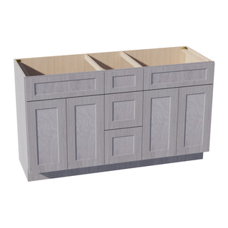 HLG - VSD60DOUBLEE: Light Gray Shaker 60"W x 34 - 1/2"H x 21"D 4 Doors, 3 Drawers & 2 False Drawers Double Sink Vanity Base Combo Cabinets - homecabinets