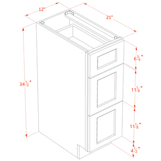 HT - VDB1221: Timber Wood Shaker 12"W x 34 - 1/2"H x 21"D 3 Drawers Vanity Base Cabinets - homecabinets