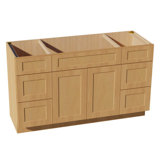 HT - VSD60SINGLE: Timber Wood Shaker 60"W x 34 - 1/2"H x 21"D 2 Doors, 6 Drawers & 1 False Drawer Single Sink Vanity Base Combo Cabinets - homecabinets